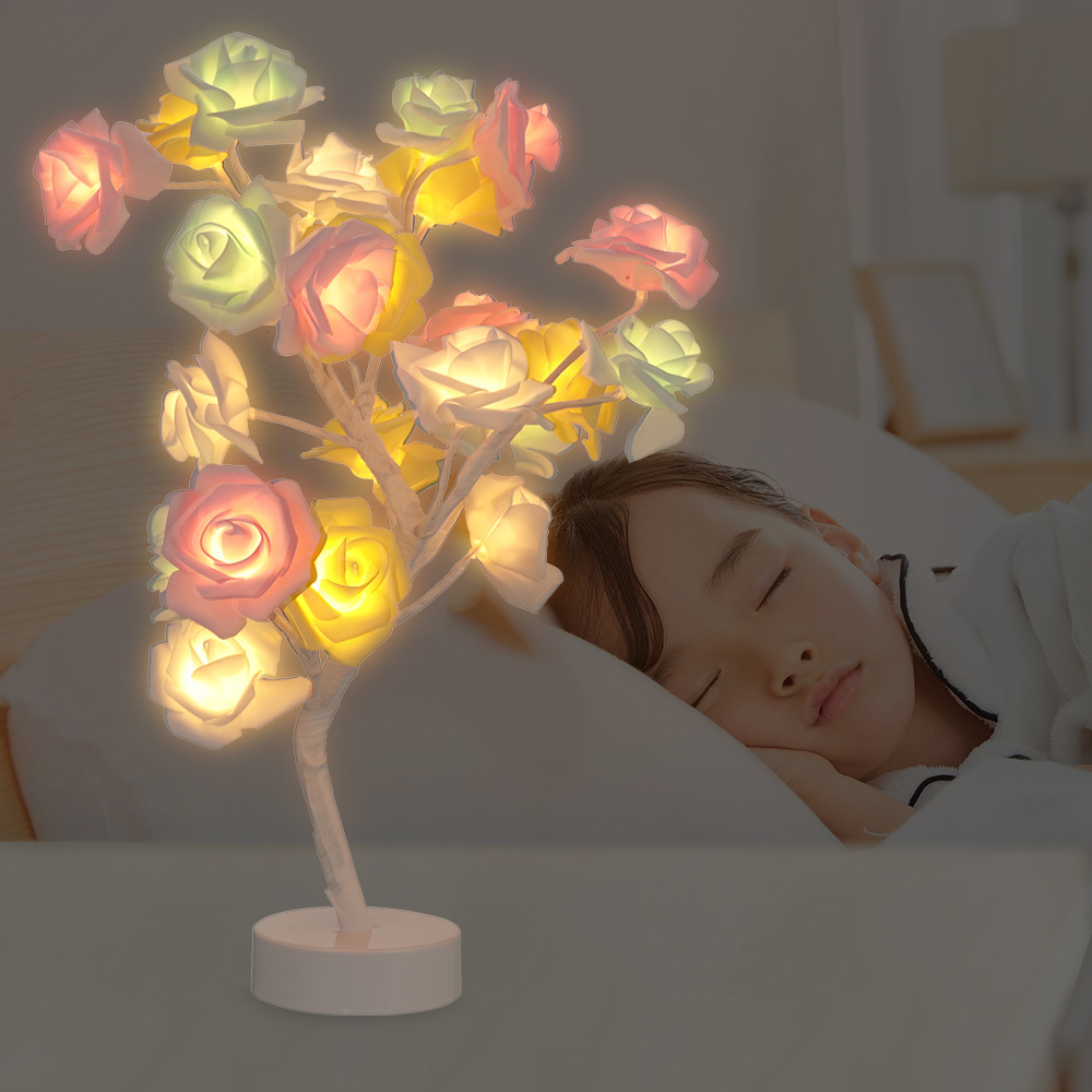 Fashion Colorful LED Rose Flower Tree Table Lamp For Holiday Party Wedding Xmas Gift Hotel Room Decor Night Light