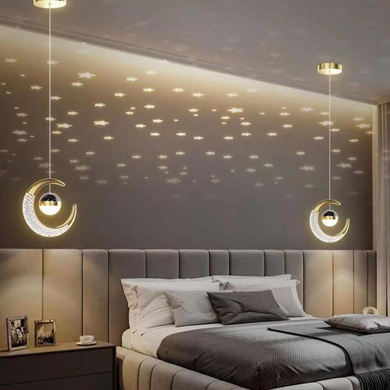 Led Crystal Dimmable Moon Star Projector Chandelier Pendant Ceiling Light For Living Rm Bedroom Entrance Apartment Hotel Kids Rm