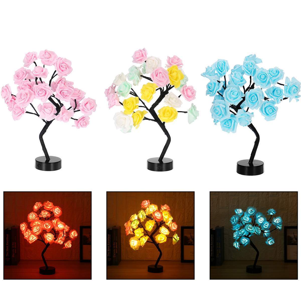 Fashion Colorful LED Rose Flower Tree Table Lamp For Holiday Party Wedding Xmas Gift Hotel Room Decor Night Light