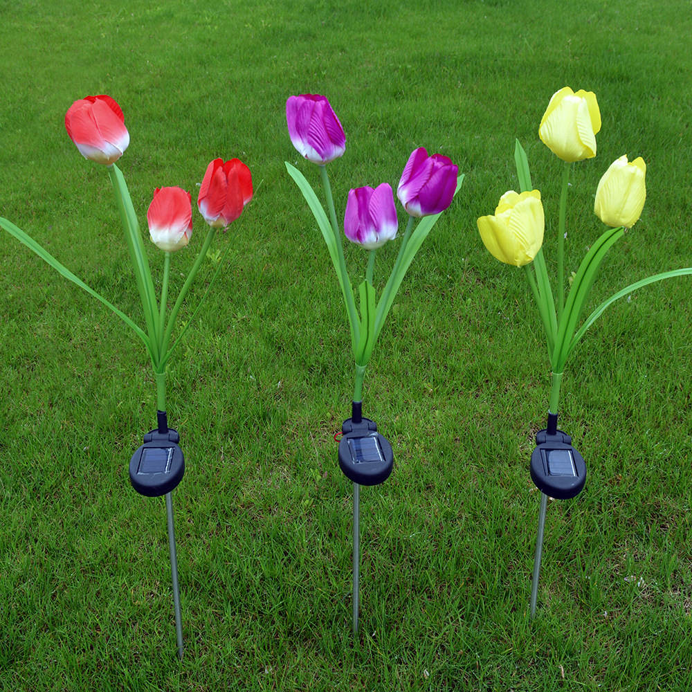 Led Solar 3 Heads Tulip Flower Night Light Garden Landscape Pathway Lawn Outdoor Gate Security Light