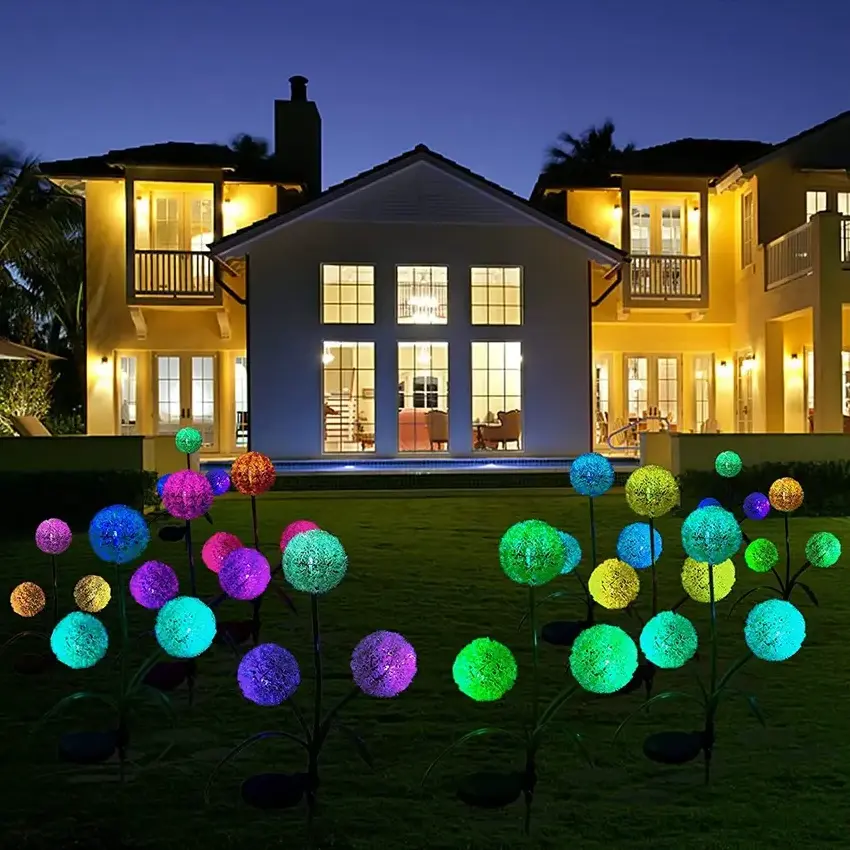 Outdoor Solar Led RGB Colors Dandelion Flower Spike Light For Party Holiday Landscape Garden Pathway Villa Security Night Light