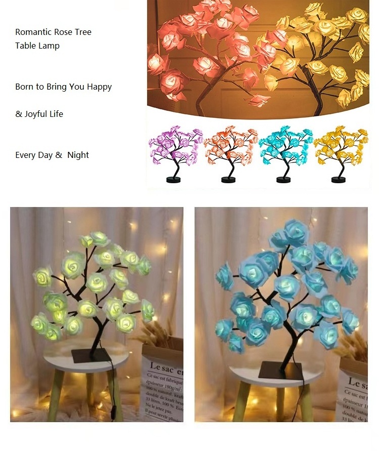 Fashion Colorful LED Rose Flower Tree Table Lamp For Holiday Party Wedding Xmas Gift Hotel Room Decor Night Light