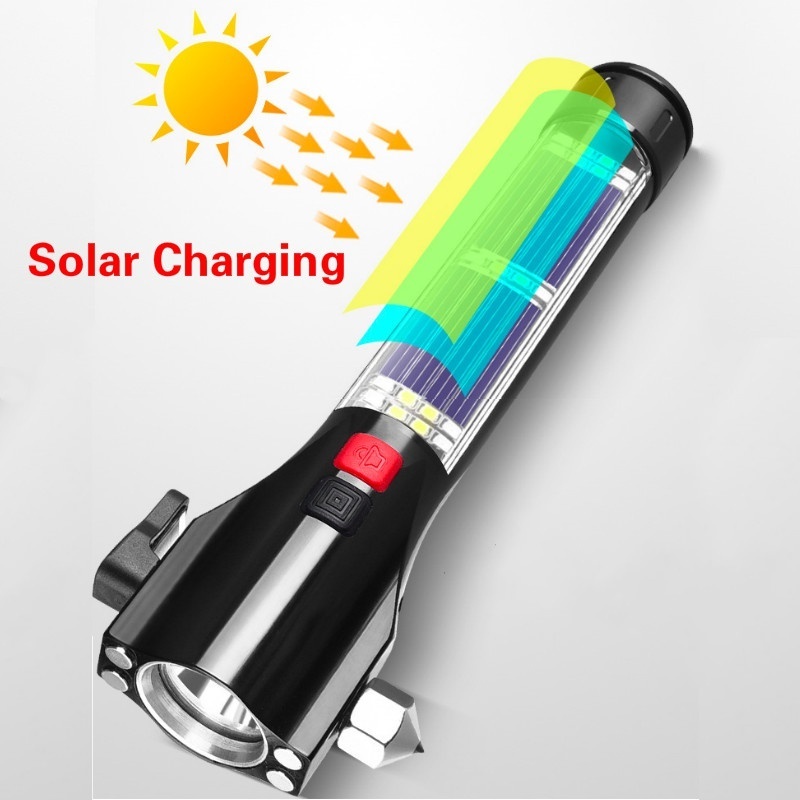 Outdoor Solar LED Emergency Flashlight W Magnet Hammer Knife Focus For Survival Tool Camping Hiking Fishing Hiking Car Work Sos