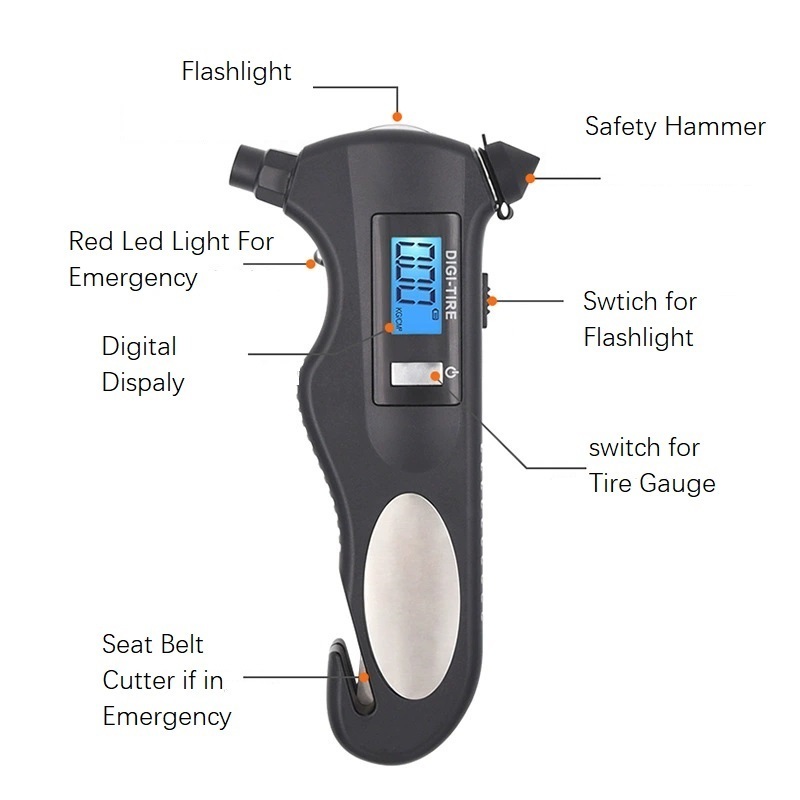 5 in1 Multi-functional Waterproof Flashlight With Safety Hammer Knife Emergency Light Tire Gauge for Car Truck