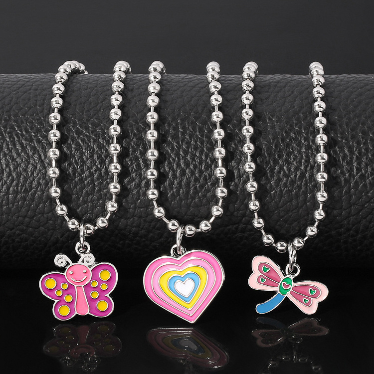 New Cute Children's Necklace Gradient Color Heart Butterfly  Dragonfly Pendant Bead Chain Necklace for Kids Girl Gift Jewelry