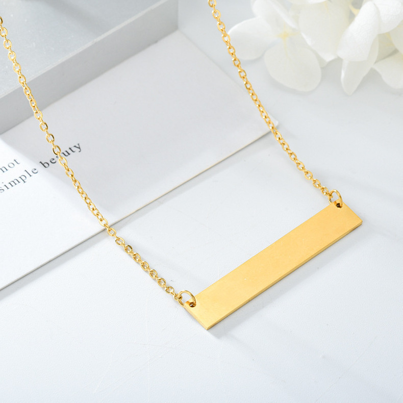 Stainless Steel Personalized Stamping Blank Bar Necklace 16k Gold Plated Custom Name Letter Engraving Necklace Chain Jewelry