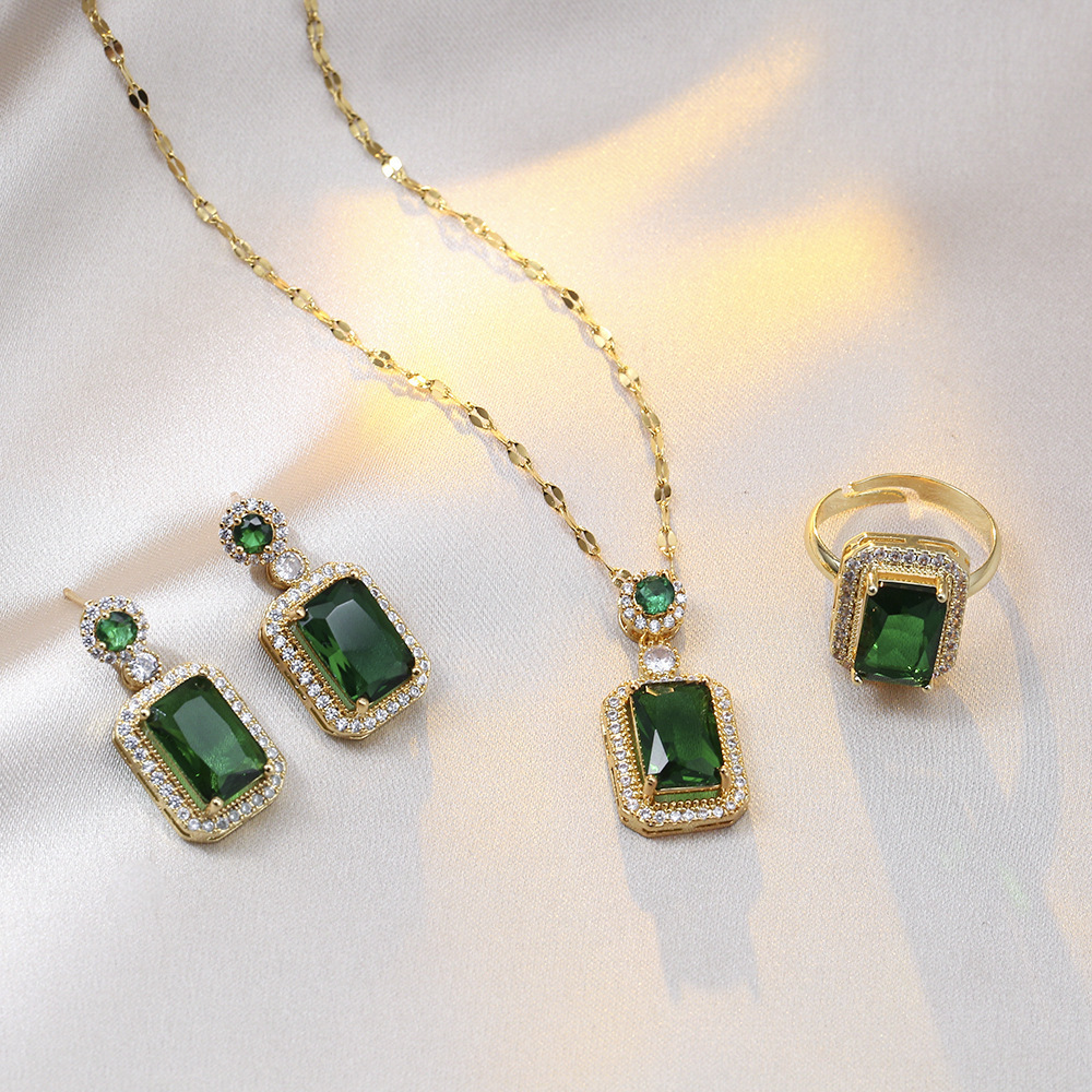 Fashion Hot Selling Emerald Zircon Crystal Necklace Ring Earrings Vintage Stainless Steel Jewelry Set For Women