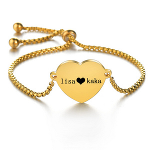 High Polished Custom Name Heart-shaped Bracelet Gold Plated Stainless Steel Personality DIY Lettering Adjustable Bracelets