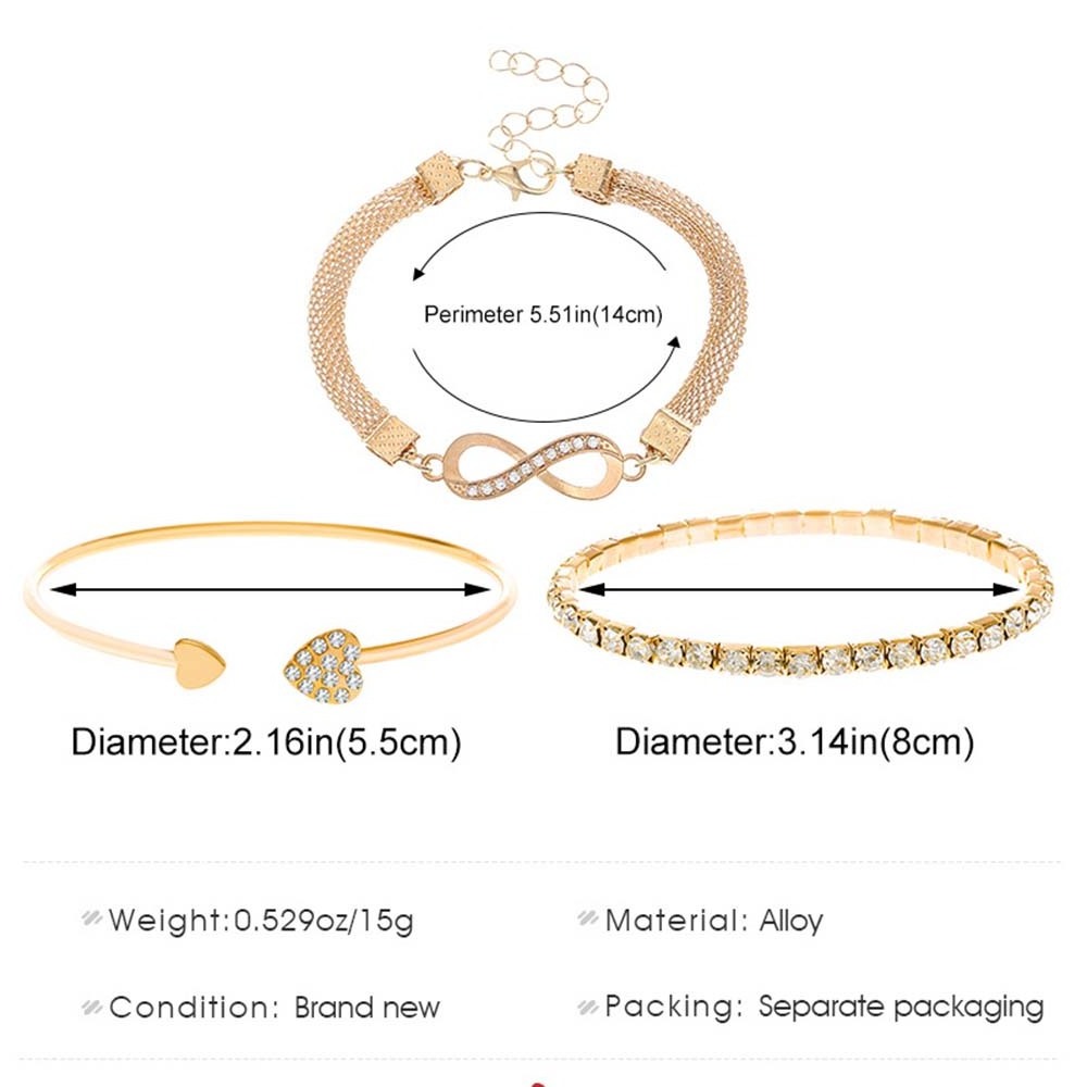 3pcs Fashion Jewelry Bangles Bracelets Set Trendy Rhinestone Crystal Charm 8-Word Infinity Heart Tennis Chain Bracelet for women