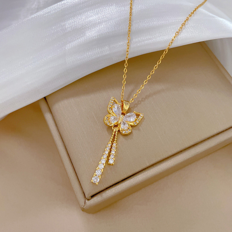 18K Gold Plated Stainless Steel Chain Zircon Crystal Butterfly Bear Flower Heart Pendant Necklaces For Women Necklace Jewelry