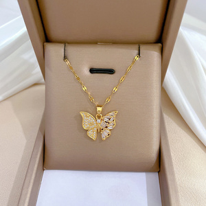 18K Gold Plated Stainless Steel Chain Zircon Crystal Butterfly Bear Flower Heart Pendant Necklaces For Women Necklace Jewelry