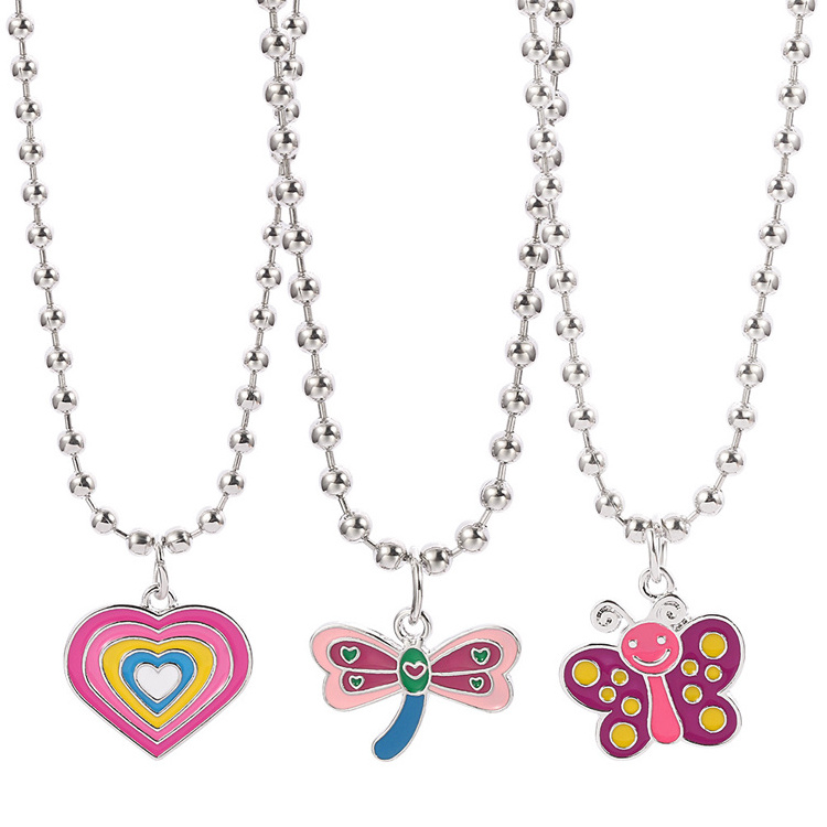 New Cute Children's Necklace Gradient Color Heart Butterfly  Dragonfly Pendant Bead Chain Necklace for Kids Girl Gift Jewelry