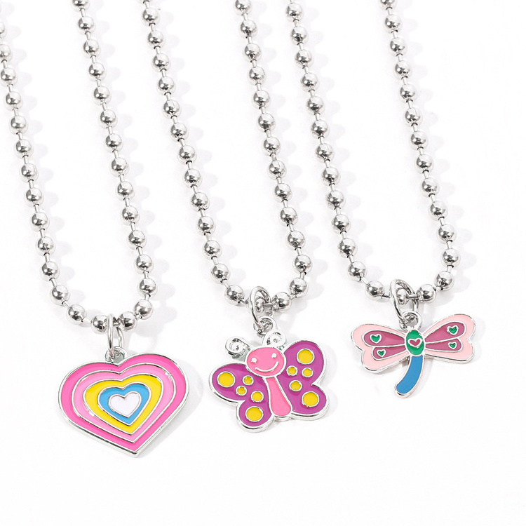 New Cute Children's Necklace Gradient Color Heart Butterfly  Dragonfly Pendant Bead Chain Necklace for Kids Girl Gift Jewelry