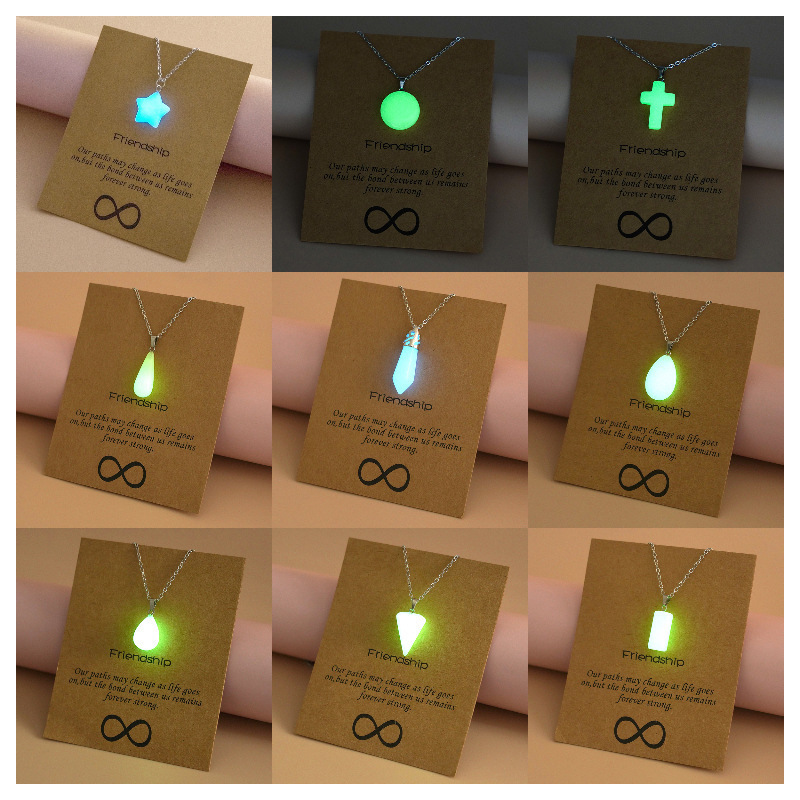 Wholesale Fashion Charm Jewelry Hexagonal Column Waterdrop Star Cross Pendant Women Natural Stone Glowing Luminous Necklace