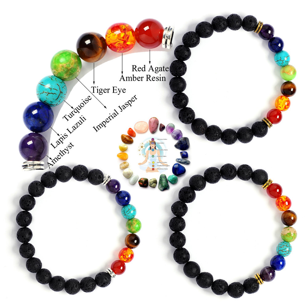 Lancui Volcanic Rock Wrap Stretch Beaded Lava Healing Natural Stone Bead 7 Chakra Bracelets