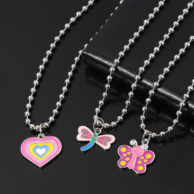 New Cute Children's Necklace Gradient Color Heart Butterfly  Dragonfly Pendant Bead Chain Necklace for Kids Girl Gift Jewelry