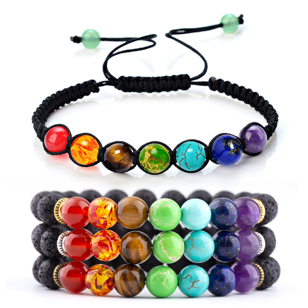 Lancui Volcanic Rock Wrap Stretch Beaded Lava Healing Natural Stone Bead 7 Chakra Bracelets