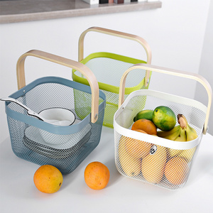 New Design High Quality Metal Wire Storage Basket with Wooden Handle