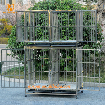 EUR PET Stackable 2 layers floors door high 304 stainless steel pet dog folding cage House Kennels for breeding animals for sale