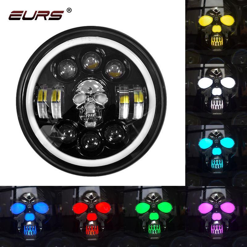 EURS 7 inch round led headlight 12v 24v for Jeep Halle Hi/Lo Beam RGB Led Round Skull Light H4 Head Lights Motorcycle Headlamp