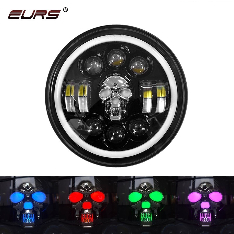 EURS 7 inch round led headlight 12v 24v for Jeep Halle Hi/Lo Beam RGB Led Round Skull Light H4 Head Lights Motorcycle Headlamp