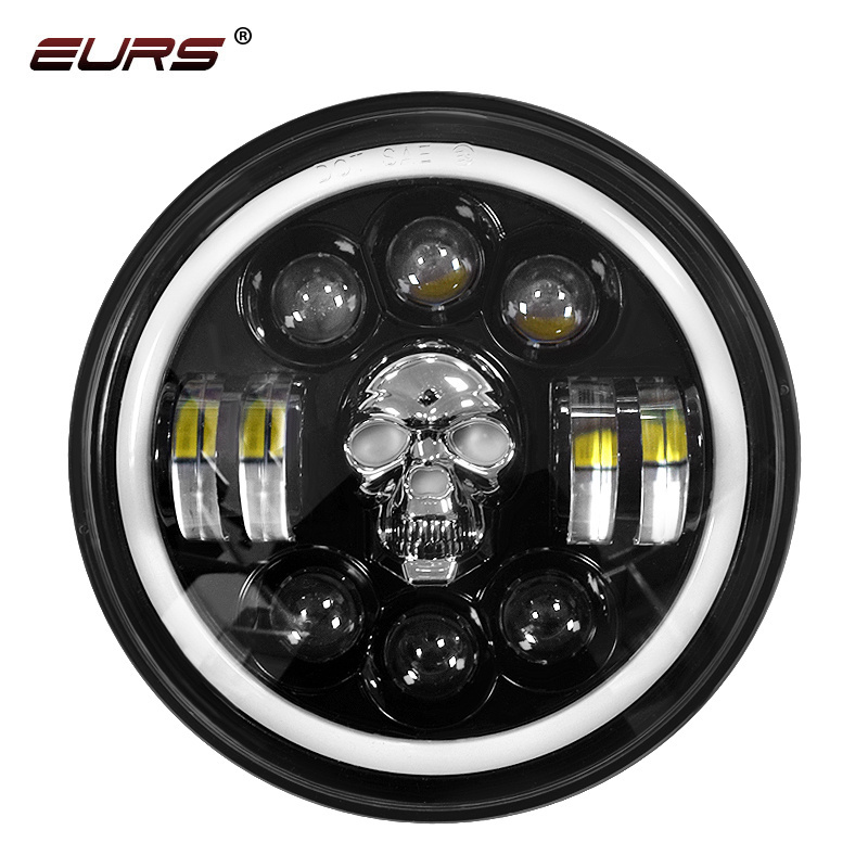 EURS 7 inch round led headlight 12v 24v for Jeep Halle Hi/Lo Beam RGB Led Round Skull Light H4 Head Lights Motorcycle Headlamp