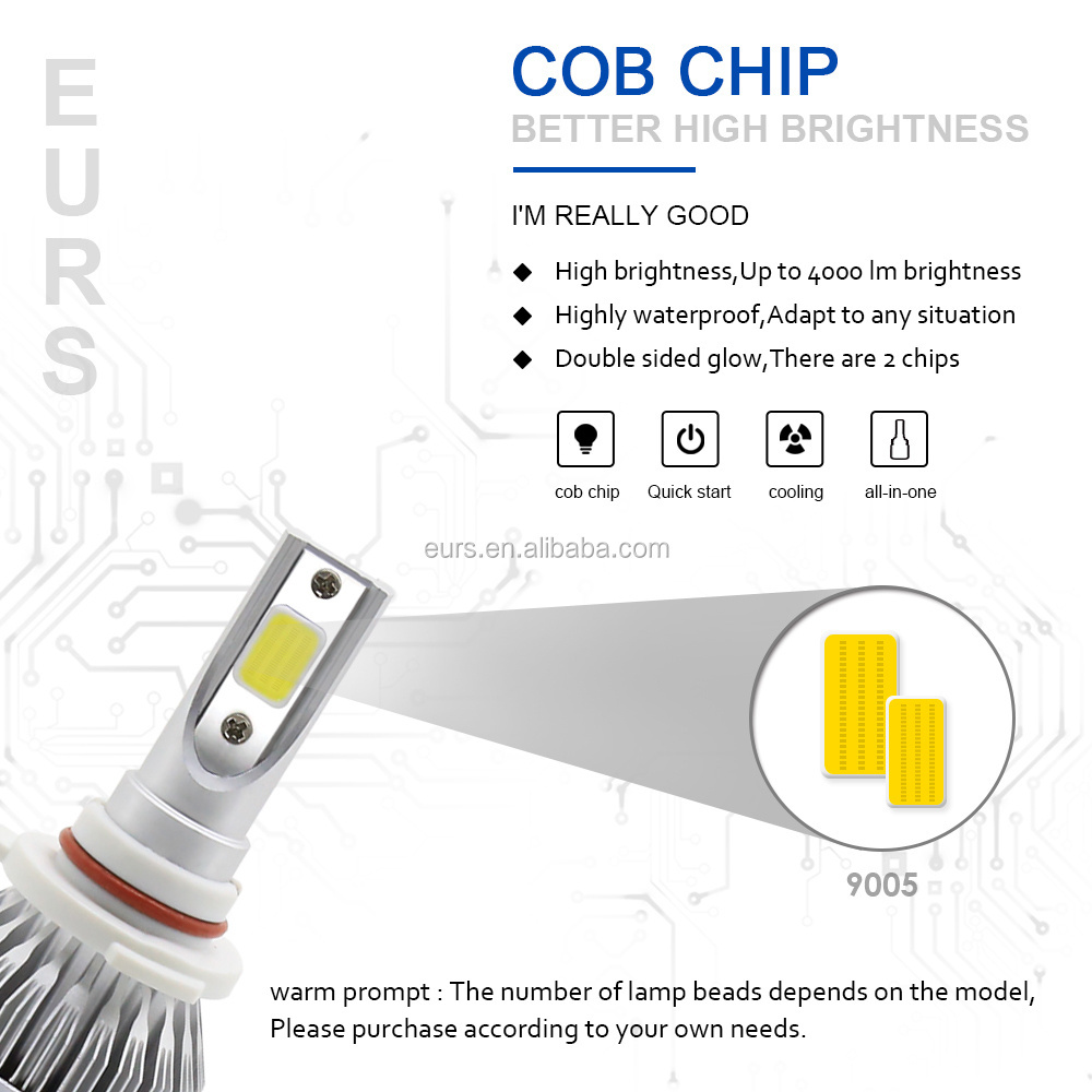 EURS C6 LED light bulbs COB Chip H11 led  H4  led H7 6500k 72w 7600LM  9006  9005 car headlight conversion kit