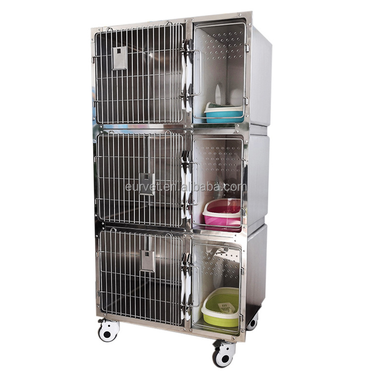 EUR PET Breathable Small Dog House 6 Doors Veterinary Animal Cage 3 Layers 304 Stainless Steel Movable Cat Cage