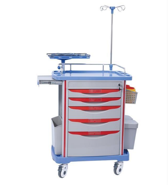 Top Sell Factory Price ABS Hospital Nursing Crash Cart Medicine Emergency Trolley With CPR Board/5 Drawers