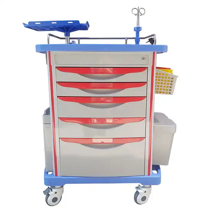 Top Sell Factory Price ABS Hospital Nursing Crash Cart Medicine Emergency Trolley With CPR Board/5 Drawers