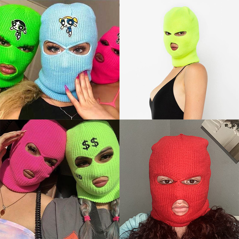 Wholesale Winter Ski Hat Face Mask Custom Personalized Logo 3 Three Holes Embroidery Pink Neon Balaclava Hat Ski Mask