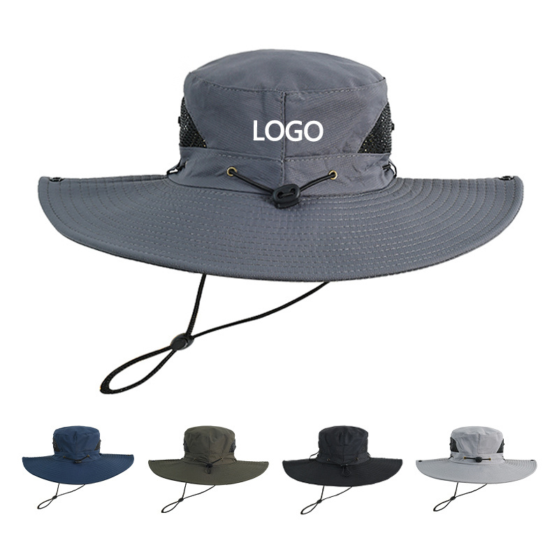 Custom Logo Adjustable Outdoor Hiking Fisherman Hats With String Wide Brim Men Fishing Bucket Hat