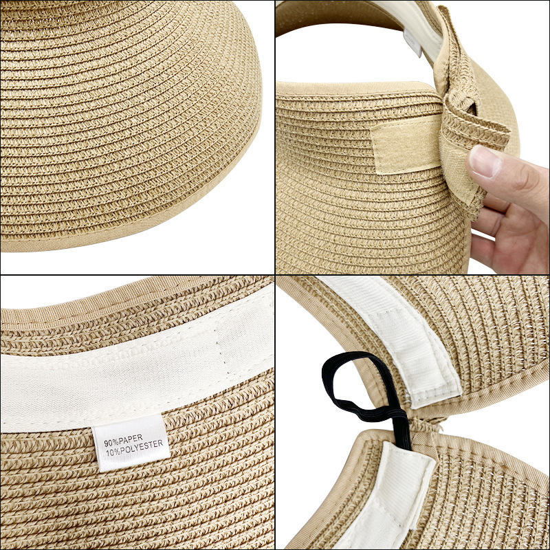 Women 2024 New Summer Packable Hat Custom Logo Wide Brim Sun Hats Adjustable Topless Beach Sun Visors Foldable Straw Hat