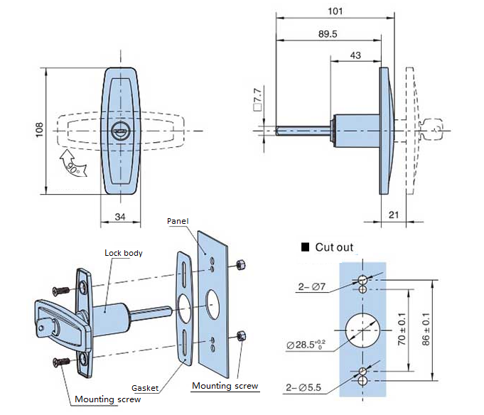 T-Handle Lock Zinc Alloy Cabinet Black Garage Doors Cam Lock