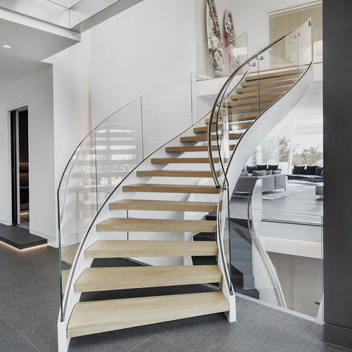 Double side glass railing staircase curved white beam indoor stairs