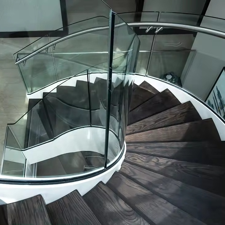 Double side glass railing staircase curved white beam indoor stairs