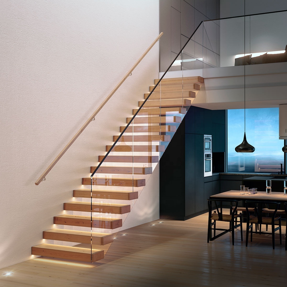 Inside Modern house residential steel stairs floating straight staircase