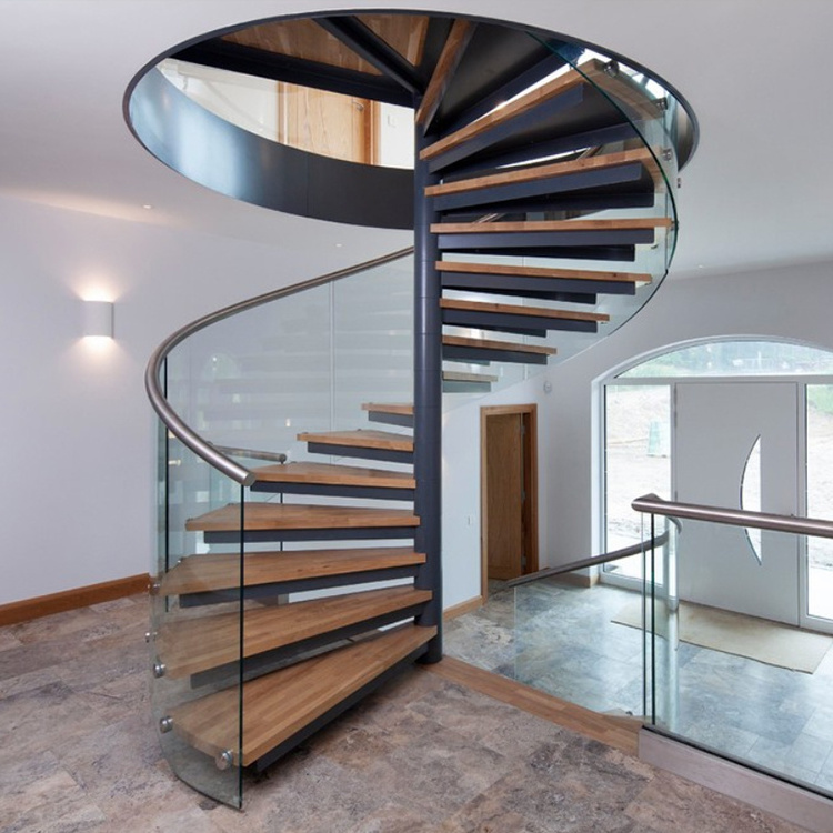 Hot Selling New Style Metal Structure Wood Tread Spiral Stair Case Indoor Modern Interior Railings For Stairs