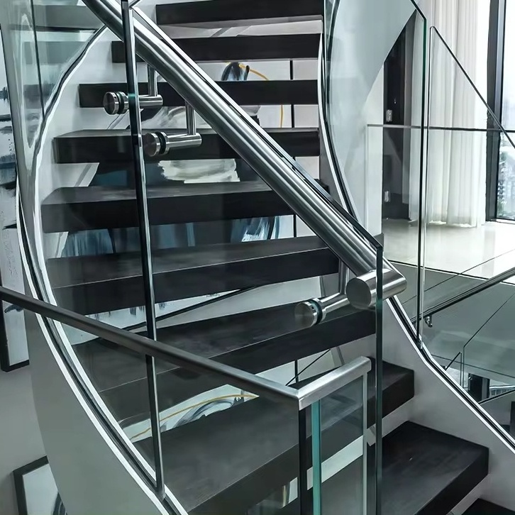 Double side glass railing staircase curved white beam indoor stairs