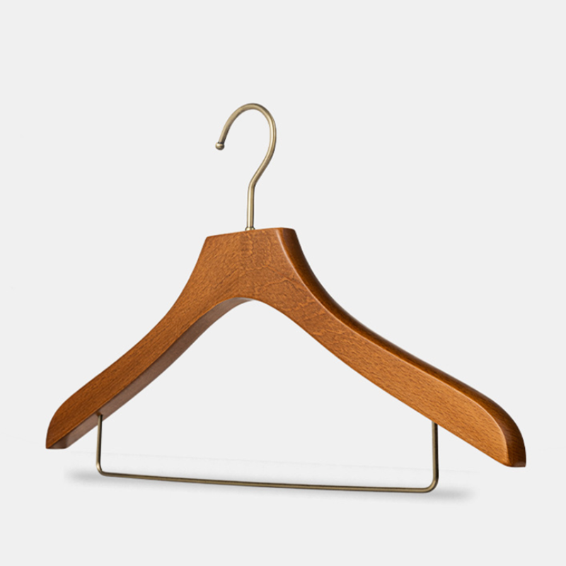 Custom Logo Wood Coat Suit Clothing Hanger With Metal Bar Gold Hook Brown