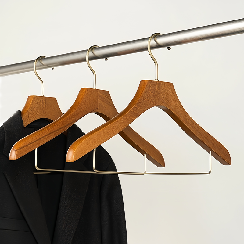 Custom Logo Wood Coat Suit Clothing Hanger With Metal Bar Gold Hook Brown