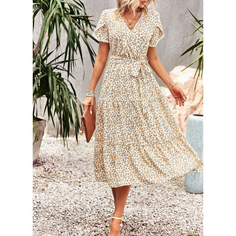 Bohemian Floral Casual V Neck Ruffle Belt A-Line Pleated Hem Swing Midi Sun Dress dresses women sexy