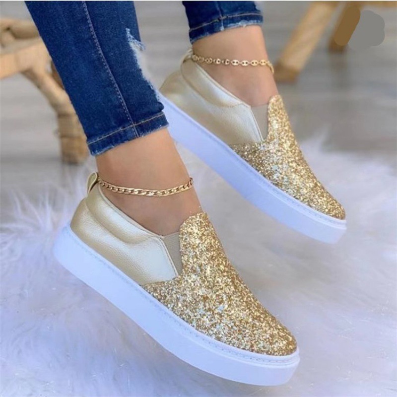 Rhinestone Bling Shining Thick Sole Women's Shoes Casual Sneakers Flat Shoes Slip on Platform Fashion for Women PVC Women Girls