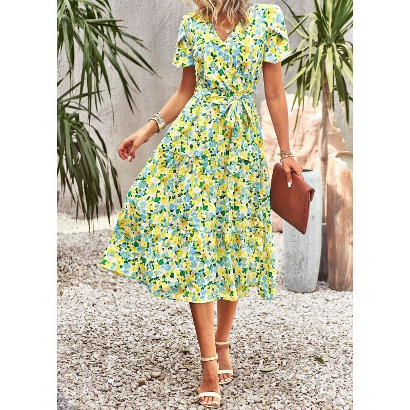 Bohemian Floral Casual V Neck Ruffle Belt A-Line Pleated Hem Swing Midi Sun Dress dresses women sexy