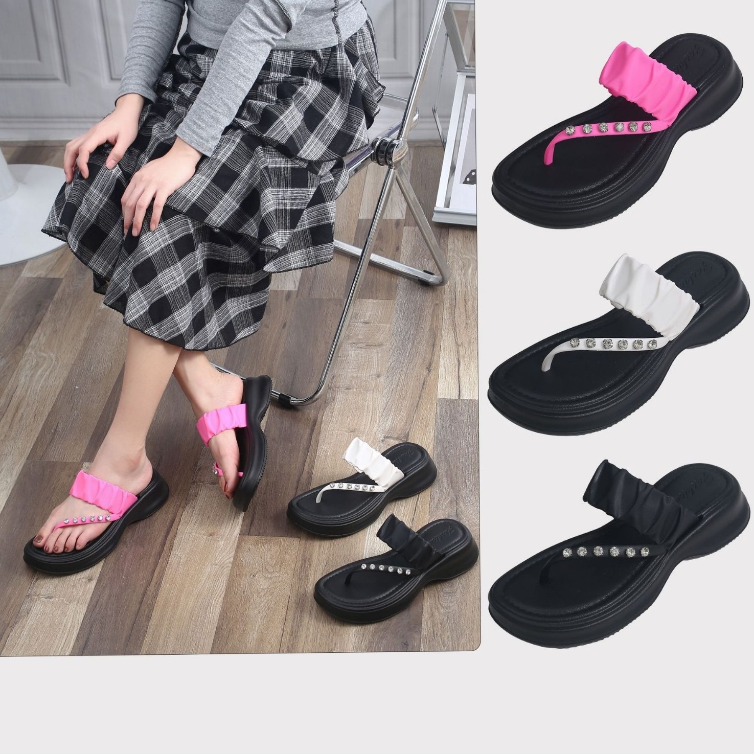 Fashion Women's Thick Soled Flip Flops Summer New Black Casual Square Toe Slippers cheap sandals for women and ladies