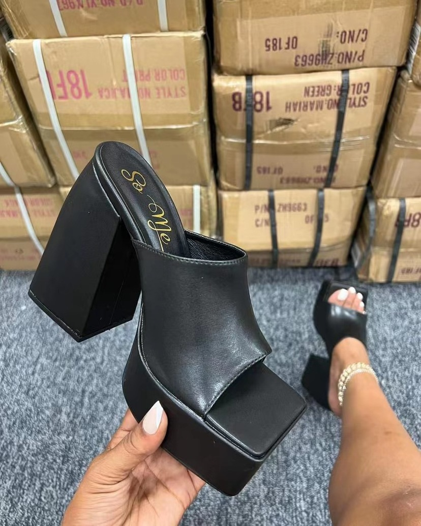 Wedge Platform Sandals Stripper Shoes Black PVC Gua Summer Women Shoes New Square Toe Thick Sole Big Chunky High Heels Ladies