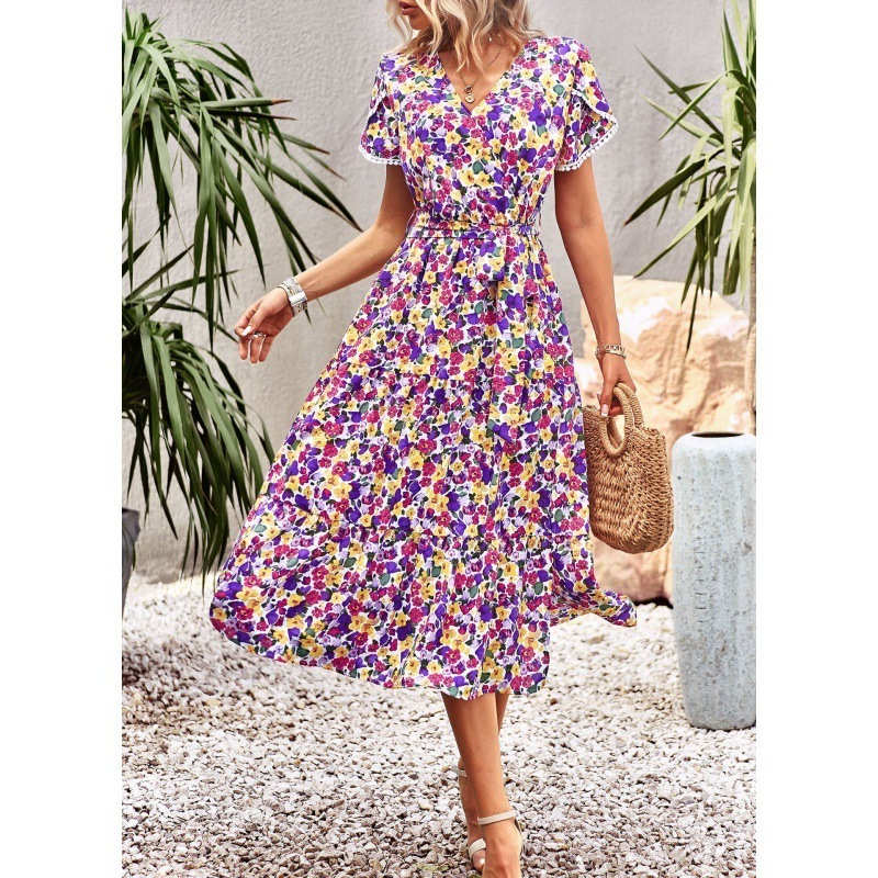 Bohemian Floral Casual V Neck Ruffle Belt A-Line Pleated Hem Swing Midi Sun Dress dresses women sexy