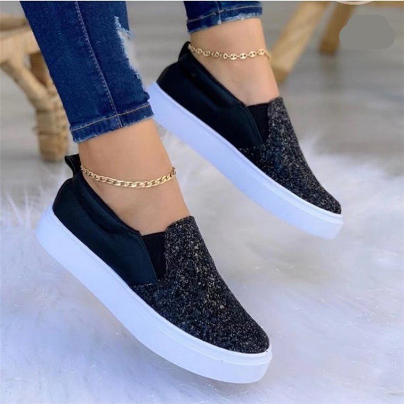 Rhinestone Bling Shining Thick Sole Women's Shoes Casual Sneakers Flat Shoes Slip on Platform Fashion for Women PVC Women Girls