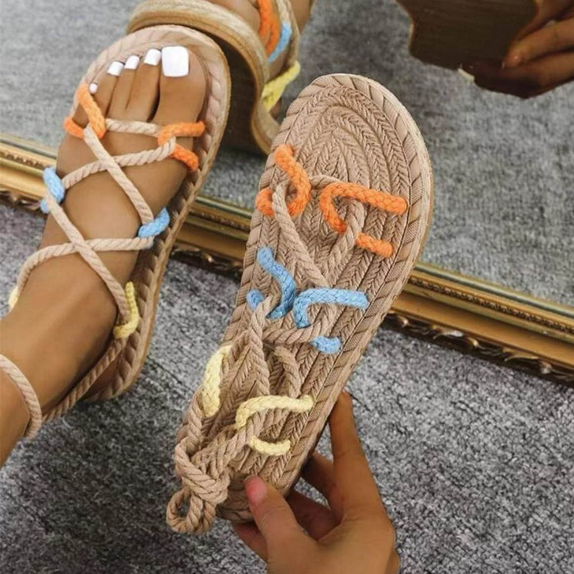 Women's  flat sandals for women summer 2023 lace up rope sandals thick platform casual flip flops sandals for women