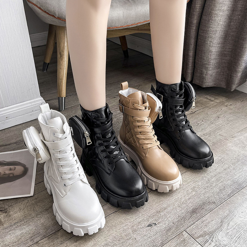 Winter New Style Lace up Round Head Thick Bottom Short Boots Martin Boots for Women Shoes British Style Fashion PU Elastic Band